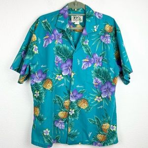 KY’S Hawaiian shirt LARGE Men’s teal pineapple floral “Aloha” VINTAGE USA